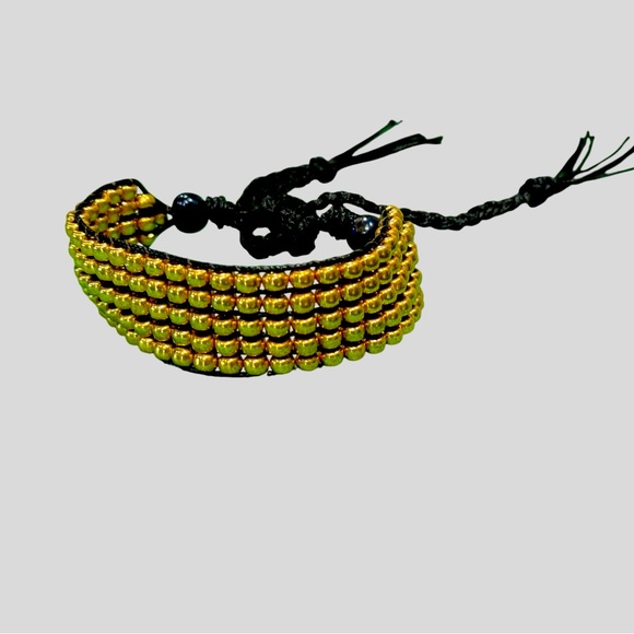 Handcrafted gold tone seed bead tie on loom bracelet cuff - festival - unisex - Picture 4 of 13